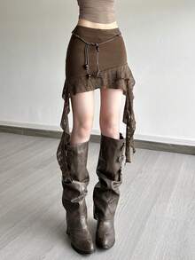 Top Dazzle 女士荷叶边收腰修身迷你裙，适合嘉年华、舞台和音乐会 - 棕色 - 查看 8