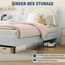 Twin Blue Cama tapizada con luces LED, cabecera ajustable y cajón de almacenamiento, base de madera, sin box spring - Azul y blanco - Ver 7