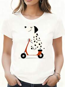 Women T Shirt White Dalmatian Dog Riding Scooter Print Casual Summer Outfit Home Travel Festival Party - 黑色 - 查看 1