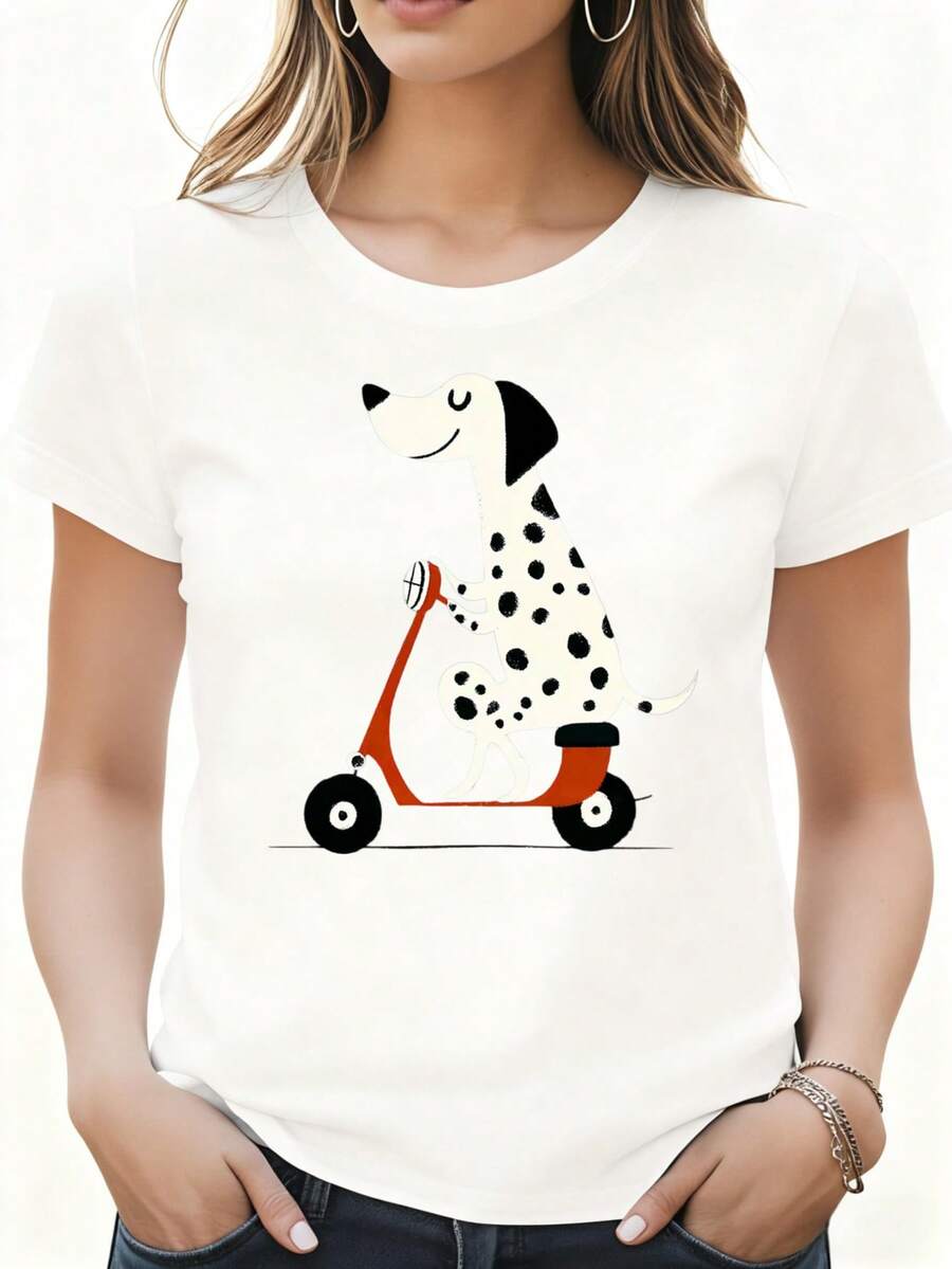 Women T Shirt White Dalmatian Dog Riding Scooter Print Casual Summer Outfit Home Travel Festival Party - 黑色 - 查看 1