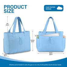 Quilted Tote Bag With Zipper, Puffer Tote Bag With Cup Holder & Laptop Compartment & Trolley Sleeve For Travel, Work, Nurse, Women - 淺藍色 - 查看 2