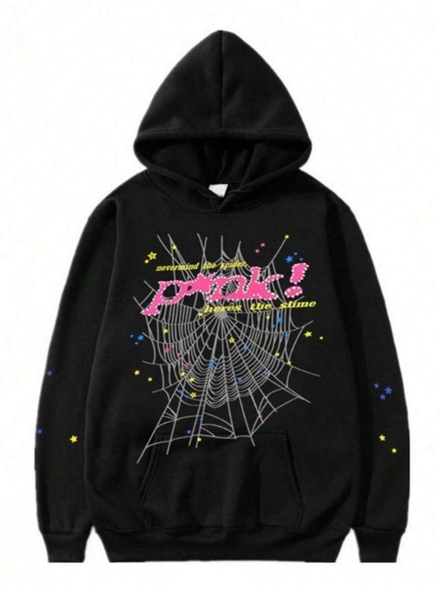 Men's Hip Hop Spider Web Pattern Letter Pattern Harajuku Retro Hoodie Long Sleeve And Pants  For Men And Women - Áo nỉ đen - Xem 1
