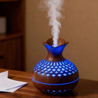 香薰精油扩散器 -AromaDiffuser 香薰机 300ml-USB 花瓶木纹加湿器 适用于办公室、浴室、卧室、厨房、瑜伽