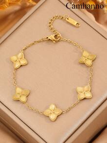 3/1pc Golden Jewelry Set Exquisite Fashionable Stainless Steel Bracelet Party Gathering Eye-Catching Style Petal-Element Design Make You Charming At Parties - Gold - View 9