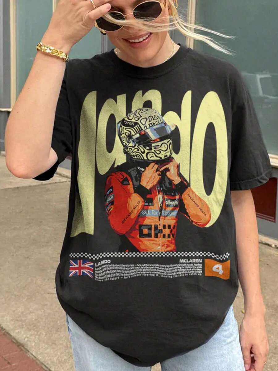 Vintage Lando  T-Shirt, Retro  Norris Graphic Tee, Vintage F1  Shirt, Norris F1 Fan Gift - 黑色 - 查看 1