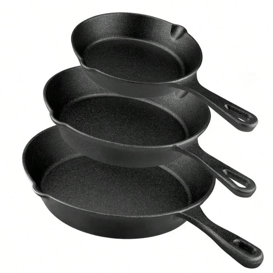 LugoBox 3pcs Bare Cast Iron Skillet Set (6/8/10 Inch) - Heavy-Duty Heirloom-Grade Sand Casting, Seasoning, Stir-Fries, Non-Stick Surface & Oven/Grill/ - Even Heat Distribution For Steak, Cornbread, Baking - Rustic Kitchen Cookware Essentials - 黑色 - 查看 1