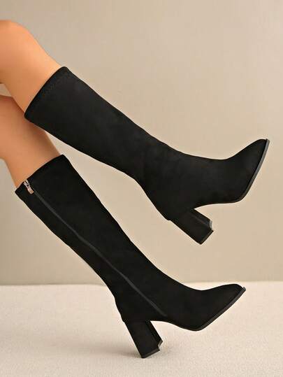 7cm Chunky Heel Western Style Side Zipper Mid-Calf Boots, Over-The-Knee Boots For Women, 2025 Autumn/Winter New Arrivals, Petite Slim Fit High Heel Elastic Tall Boots, Chunky Heel Fashion Boots
