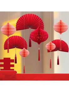 新款经典节日暖心中国传统红色蜂窝灯笼套装，纸扇吊坠和西瓜灯笼，适合新年、婚礼、情人节装饰，无需用电，无羽毛，适用于卧室、客厅、窗户装饰