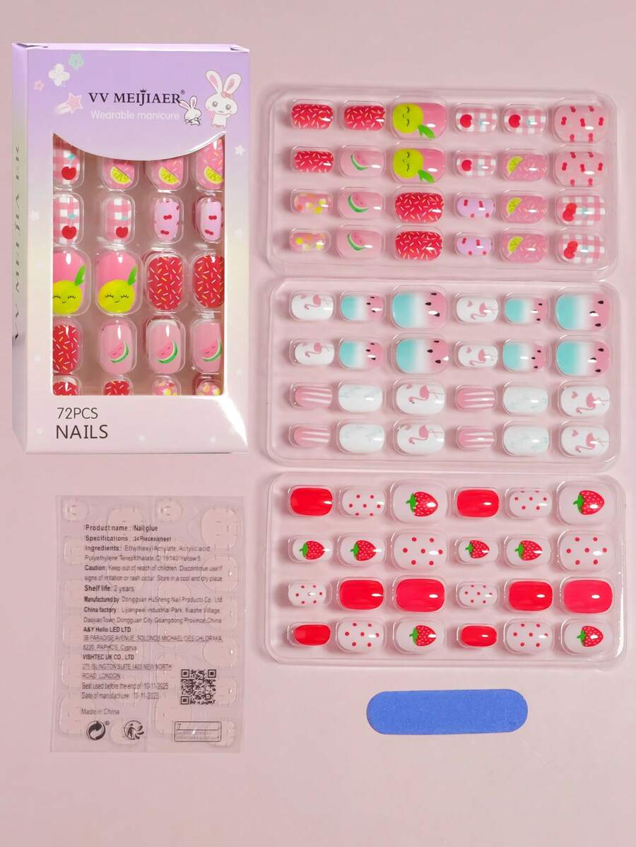 VV MEI JIA ER 3 Gói (72 chiếc - Dưa hấu/Cầu vồng/Kỳ lân) Móng giả acrylic nhỏ xinh cho trẻ em, thiết kế dễ thương, hình thỏ cầu vồng, hình bầu dục ngắn, thích hợp cho bé gái, quà tặng trang trí móng tay, bao gồm 1 băng dính và 1 dũa móng. - Nhiều màu - Xem 1