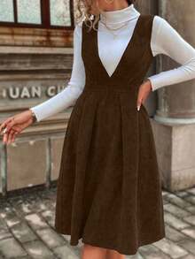 优雅无袖灯芯绒纯色荷叶边连衣裙 大码女式黑色茶色拉链褶皱灯芯绒背带裙 女式纯色修身无袖连衣裙 - 黑茶色 - 查看 5