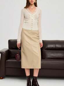 Women's Solid Color Lace Trim Sheer V-Neck Buttoned Knit Top Slim Fit Long Sleeve Shirt,Spring/Fall Clothes For Women,Perfect For Daily Office Wear,Going Out Outfits - 白色 - 查看 5