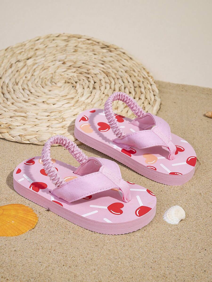 Toddler Girls' Flip Flops With Elastic Strap, Cartoon Heart Pattern, Cute For Daily Wear, Fruit Slice Design, Thick Soft Comfortable Non-Slip Indoor/Outdoor Slippers - Multicolor - View 1