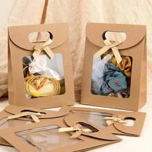 10pcs Kraft Paper Bowknot Gift Bags, Transparent Window Display Packaging Bags, Vertical Mini Gift Bags With Handles, Brown Gift Bags, Self-Adhesive Paper Bags, Vertical Gift Bags, Candy Cookie Packaging Bags, Brown Paper Bags For Wedding And Christmas Party - Multicolor - View 2