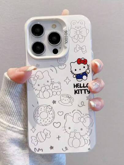 Sanrio 1个可爱线条艺术Hello Kitty图案手机壳，时尚个性，防震保护套，适用于 17/ 17 Pro Max/ 16 Pro Max/ 15 Pro/ 14/ 13/12/11/XS/XR/8/7，送给家人、朋友、兄弟姐妹、伴侣的绝佳礼物