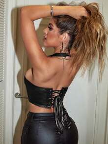 Top corto de fiesta con escote en V, ojetes, cordones delanteros y espalda descubierta de cuero sintético PU, tipo corsé, para festivales de música, sexy y con estilo Y2K - Verde - Ver 1