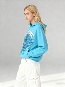 Men's Y2K Hoodie Hip Hop Spider Web Lettering Printed Sweatshirt - 天藍色 - 查看 2