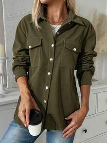 Women's Corduroy Button-Up Shirt Loose Casual Long Sleeve Fashion Cardigan Jacket 2025 Autumn Oversized Shirt Top With Pockets - Green - View 5