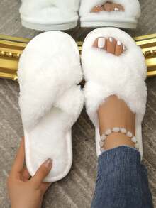 Women's Fashion Fluffy Slippers, Soft And Lightweight Indoor Home Slippers, Quiet Carpet Slippers - 白色 - 查看 3