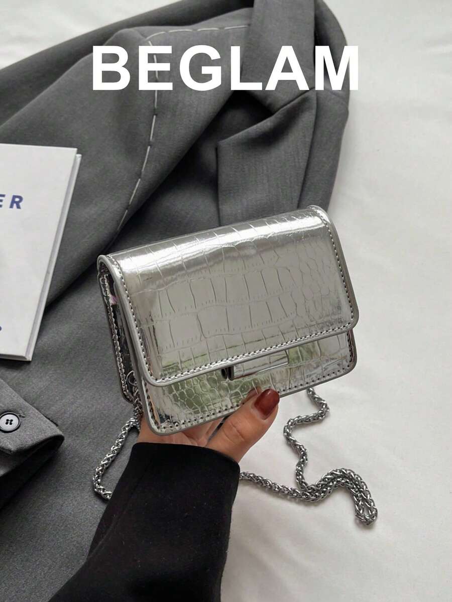 Mini Square Metal Crocodile Embossed Flap Bag, Fashionable Punk & Street Style - Silver - View 1