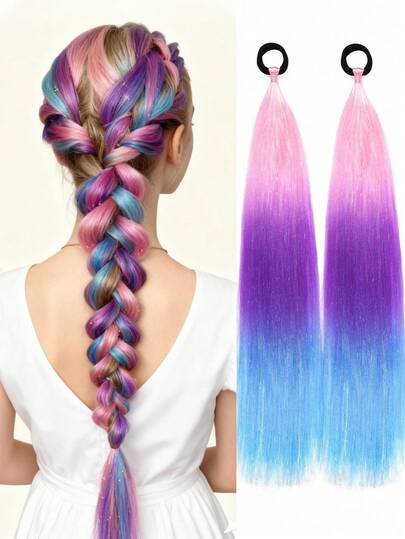 2pcs/Pack 24inch Ponytail Extension With Hair Tie, Pink Purple Blue Ponytail Extension, Crazy Hair Day, Colored Hair Extensions For Women, Festival Hair, Rave Hair, Ombre Ponytail