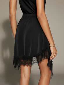 Women's Black Asymmetrical Skirt With Lace Hem, Elegant Romantic Figure-Hugging Asymmetrical High Slit, Elastic Waistband A-Line Skirt - Black - View 5