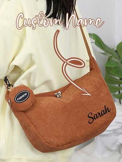 1 pieza Bolso bandolera con hombro personalizado bordado, estilo japonés literario, bolso coreano casual tipo dumpling con estilo estudiante chic, con correa ajustable, cierre con cremallera, forro de poliéster, unicolor, detalle de pintura en los bordes - Para mujeres de moda - Adecuado para uso diario, viajes, compras - Regalo perfecto para adolescentes y mujeres jóvenes, regalos de Navidad, Pascua, cumpleaños, regalos para maestros