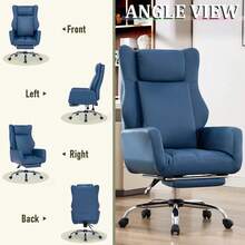 Ergonomic Office Chair With Crossed Legs, PU Leather Upholstery, Large Design With High Backrest, Fold-Up Armrests And Footrest, Complete With Headrest And Lumbar Support Cushion. - Blue - View 8
