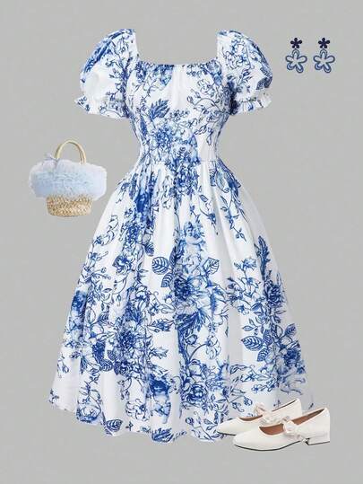 女童碎花泡泡袖连衣裙，方领设计，优雅时尚，适合夏季户外活动和派对。