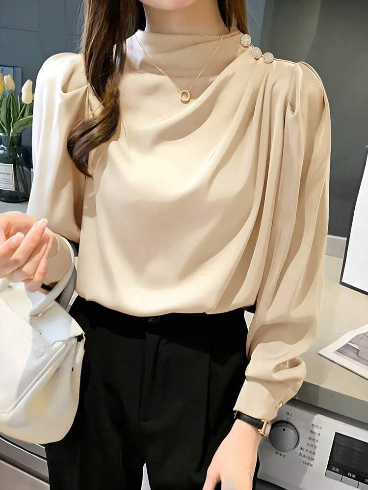 Camisa de Manga Longa Casual para Mulheres, Colarinho de Pé, Desenho Pregueado, Manga de Princesa, Primavera/Outono - Caqui - Visão 6