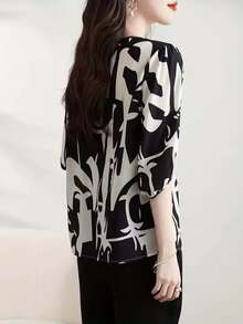 1件女士时尚优雅休闲简约中袖圆领印花衬衫，适合日常穿着和度假，春/夏/秋季 - 花色 - 查看 5