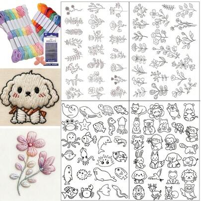 Cute Animal & Floral Embroidery Sticker Set, Suitable For Beginners, DIY Self-Adhesive Water-Soluble Cloth Paper, Pre-Printed Pattern On Self-Adhesive Non-Woven Fabric, Includes Water-Soluble Stabilizer