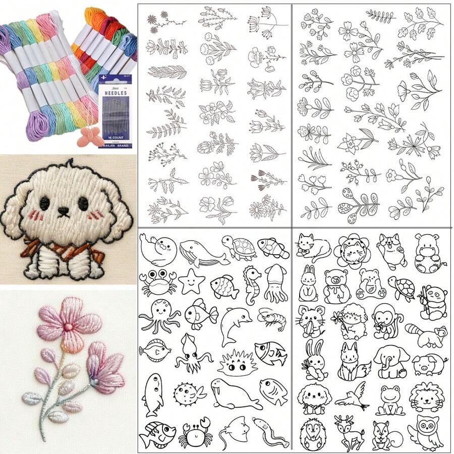 Cute Animal & Floral Embroidery Sticker Set For Beginners, DIY Self-Adhesive Water-Soluble Fabric Paper, Self-Adhesive Non-Woven Pre-Printed Patterns Stick Water-Soluble Stabilizer - Black and White - View 1