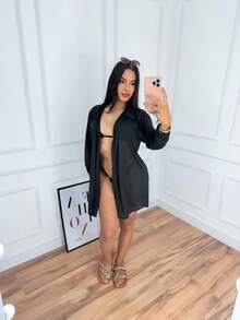 Women's Short Kimono Beach Cover-Up Simple Long Sleeve Shirt Women's Summer Fashion Without Button - 黑色 - 查看 6