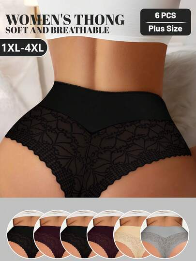 MEIYATING Paquete de 6 bragas de encaje y malla para mujer de talla grande, ropa interior sexy y cómoda tipo tanga