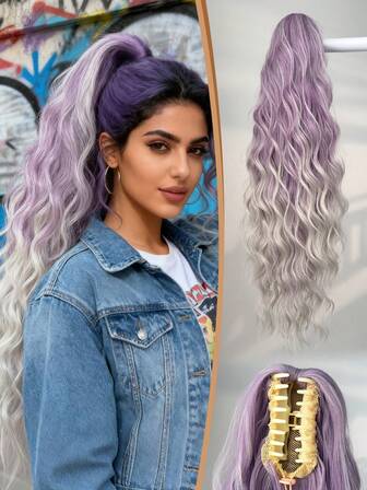 爪形马尾假发，渐变紫色，24英寸水波纹耐热纤维合成马尾假发，适合女性圣诞节、万圣节、音乐节派对和日常佩戴。