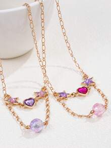 2件套心形星形吊坠项链和串珠手链首饰套装，送给女孩的礼物 - 均碼 - 查看 5