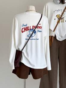 Women's Loose Fit Cartoon Print Long Sleeve Cotton T-Shirt, Suitable For Spring And Autumn