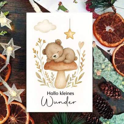 1pc Charming "Hallo Kleines Wunder" Card With Envelope Watercolor Bear Illustration Design, Soft Tone & Nature Elements, Great For New Parents & Baby Shower Gifts, Ideal For New Arrival Events, Baby Greeting Card|Gentle Theme Card|Paper Card