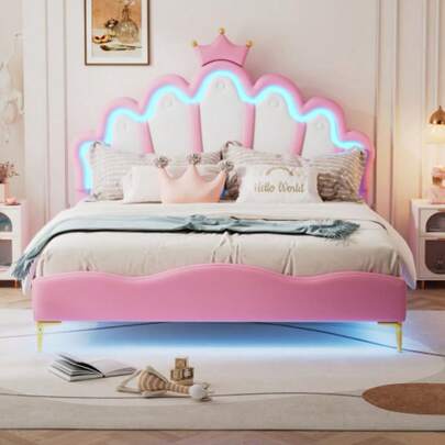 140*200cm Flaches Doppelbett, Kronenförmiges Prinzessinnenbett, Weiche Polsterung Aus PU-Leder, Verstellbarer LED-Umgebungslichtstreifen,Rosa