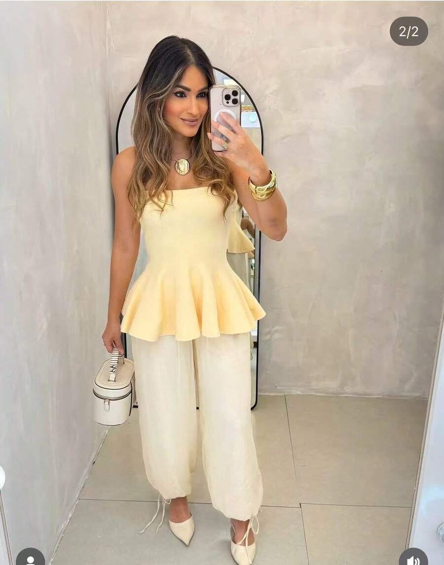 ✨Women's Strapless Peplum Blouse In Modal Knit - 米色 - 查看 1