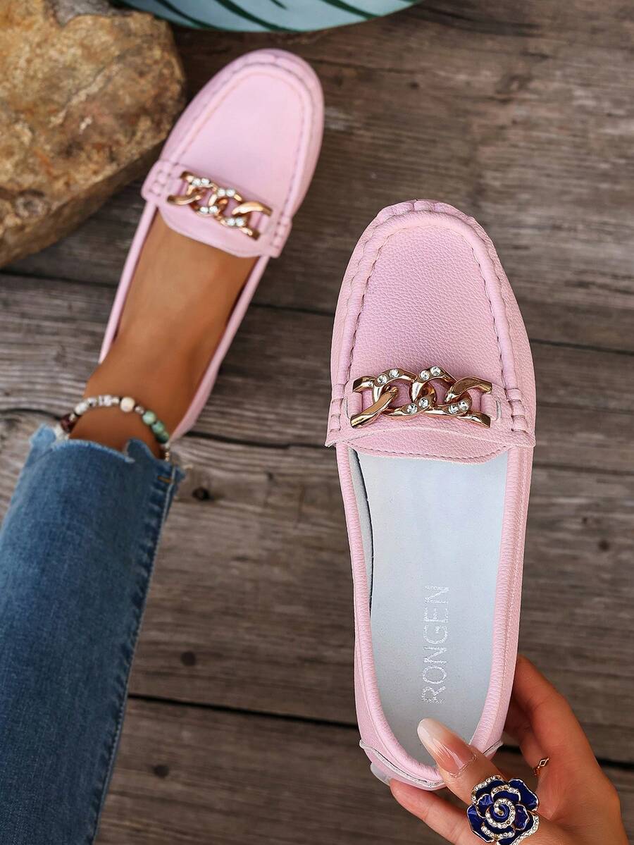 Women's Spring New Chain Loafers, Soft Leather Penny Loafers Slip-On Flat Shoes - Pink - View 1
