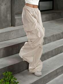 Street High Waist Flap Pocket Drawstring Waist Elastic Hem Ruched Casual Wear Wide Leg Parachute Cargo Pants - Apricot - View 9