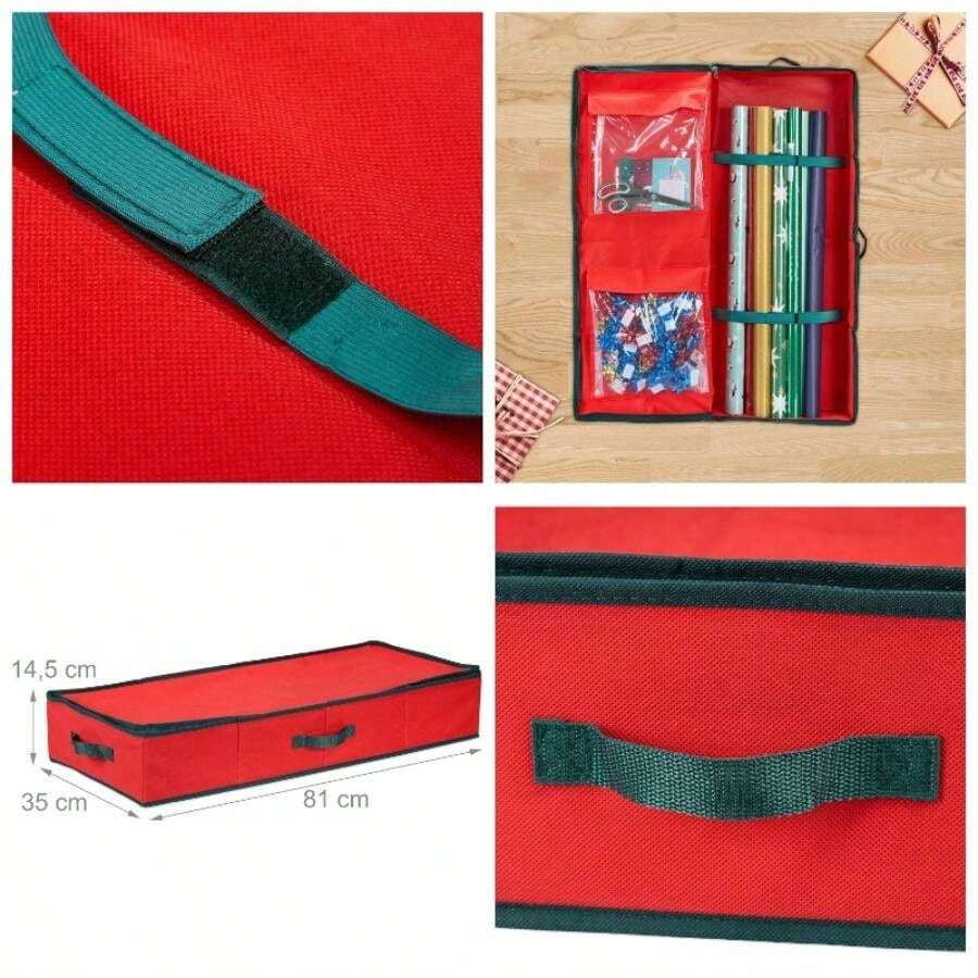 Caja de Almacenamiento de Papel de Regalo, 2 Bolsillos Interiores para Cintas de Regalo, Navidad, cumpleaos, Rojo/Negro, 1 Unidad - Rojo y black - Ver 1