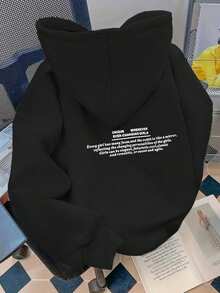 Plus Size Women's Graphic Print Sweatshirt, Stylish Streetwear Design With Drawstring Hood, Pockets, Long Sleeves, Knit Fabric Casual Black - Black - View 2