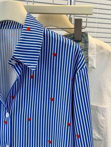 女士心形印花 Polo 领条纹衬衫 - 休闲纽扣长袖衬衫，适合春、夏、秋季日常穿着 - 深藍色條紋 - 查看 5