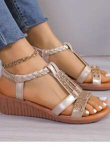 Sandali con zeppa boho in stile estivo con strass, sandali da spiaggia per donna con cinturini intrecciati, suola spessa comoda e antiscivolo - Dorato - Visualizzare 3