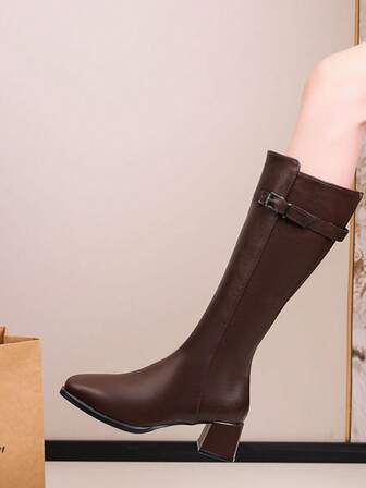 2025 Autumn/Winter New Square Toe Solid Color PU Buckle Back Zipper Women's Chunky Heel Tall Boots, Outdoor Casual Fashion Party Wedding Style