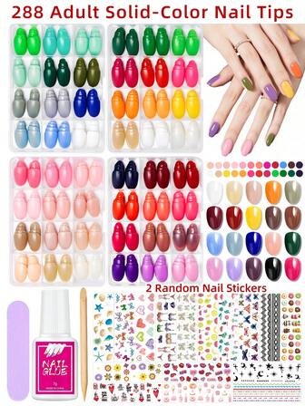 1pc Box Of Short Pointed & Round Nail Tips, 12 Compartments, Solid Color Transparent Glossy Press-On Nails, Multi-Color Nude Nail Stickers, Removable, Suitable For Nail Salon DIY And Gifts