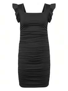 Tween Girl Square Neck Short Sleeve Ruched Dress - Black - View 1