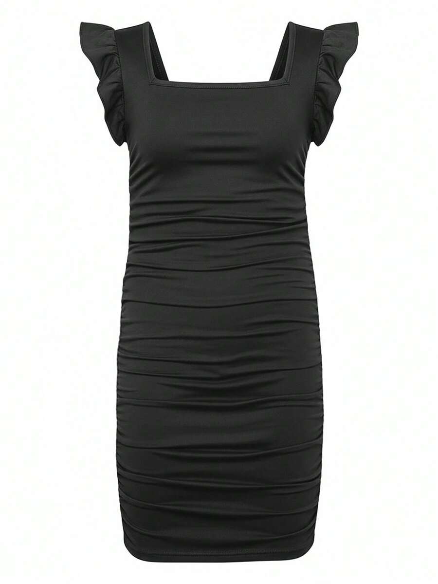 Tween Girl Square Neck Short Sleeve Ruched Dress - Black - View 1